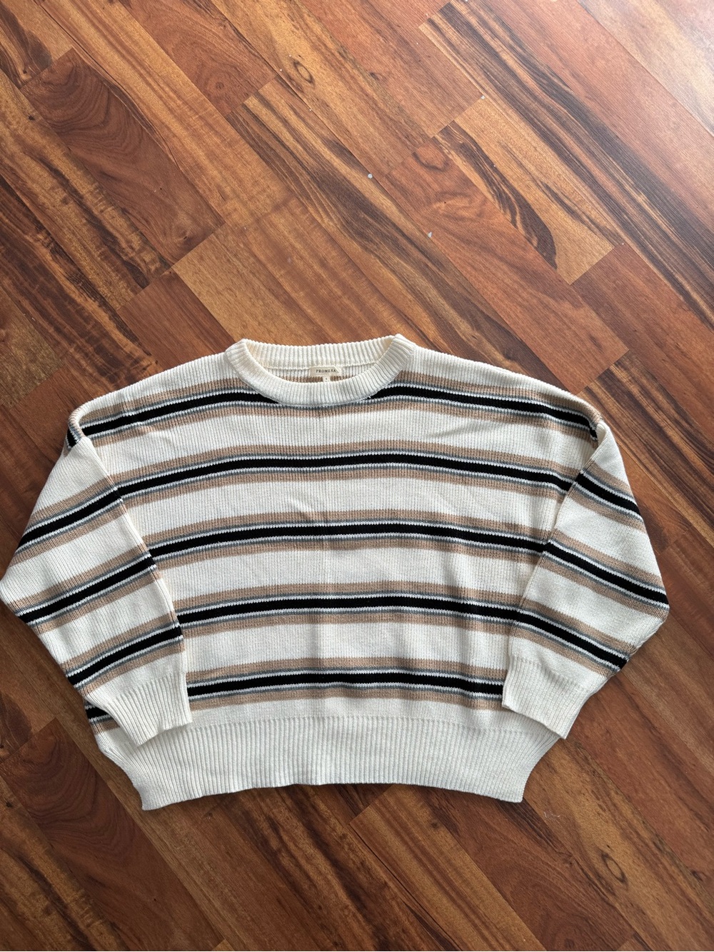 Promesa Cream Crewneck Sweater with Black and Brown Stripes